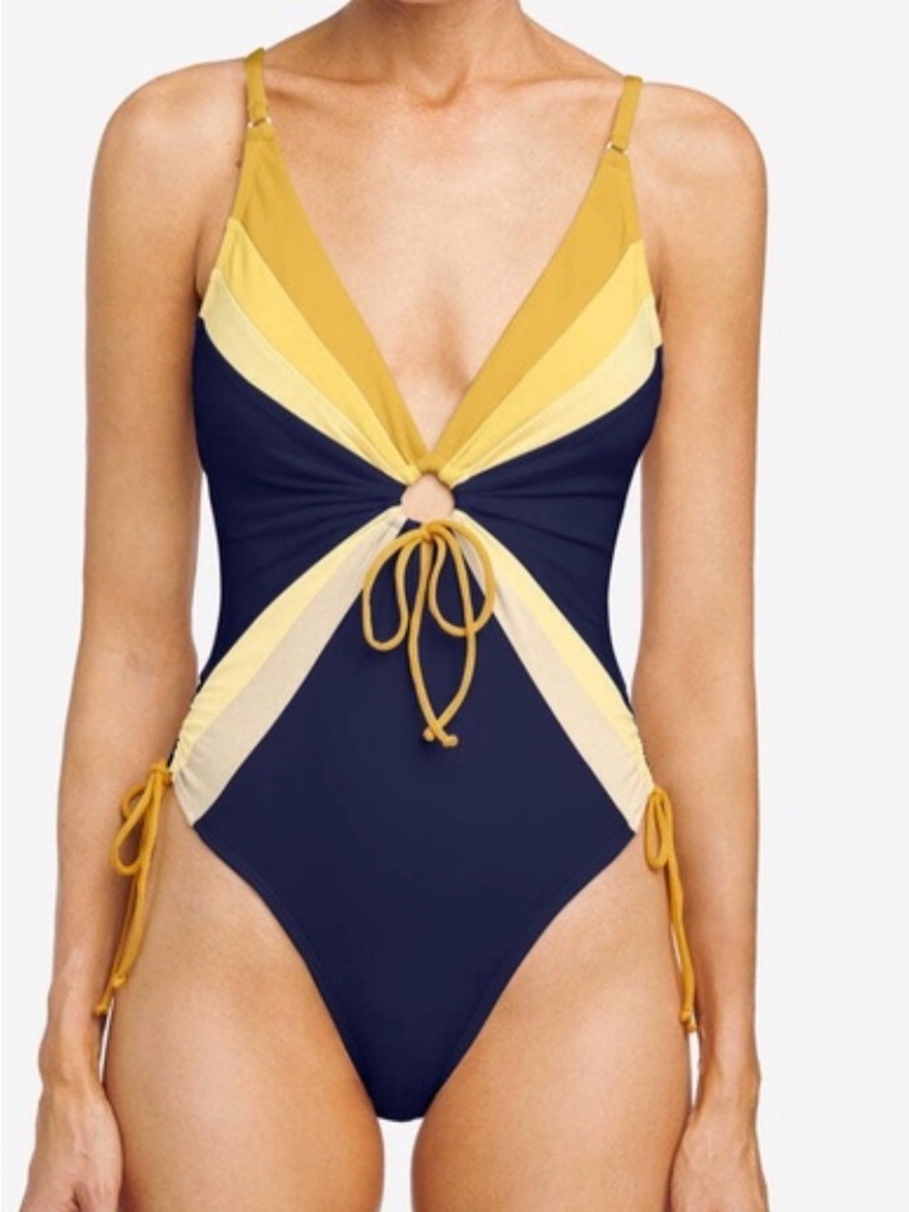 ROBIN PICCONE “Charlie” One-Piece Navy/Yellow Colorblock keyhole Swimsuit 10